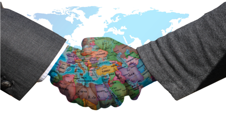 Global business expansion concept showing a world map connected with international trade networks and digital business growth