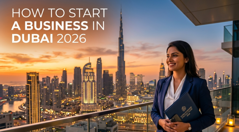 Entrepreneur starting a business in Dubai 2026 with the city skyline in the background