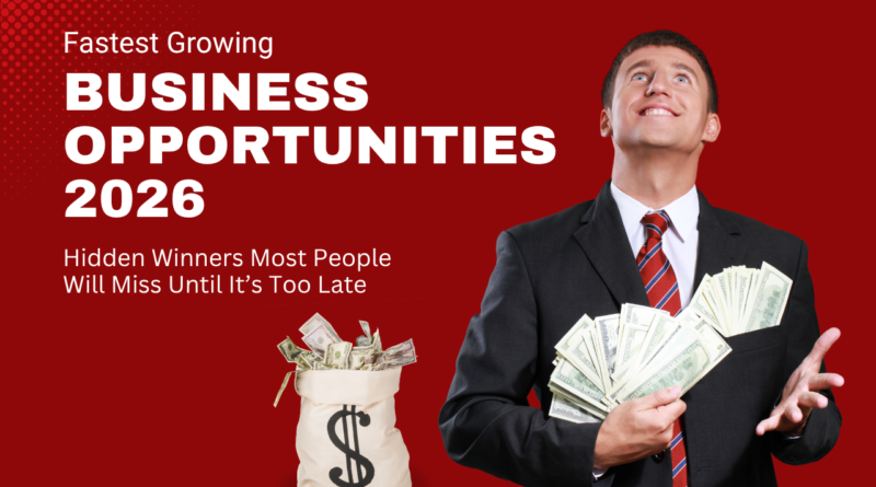 Ranked table of hidden fastest growing business opportunities in 2026 showing ROI speed, competition level, and scalability